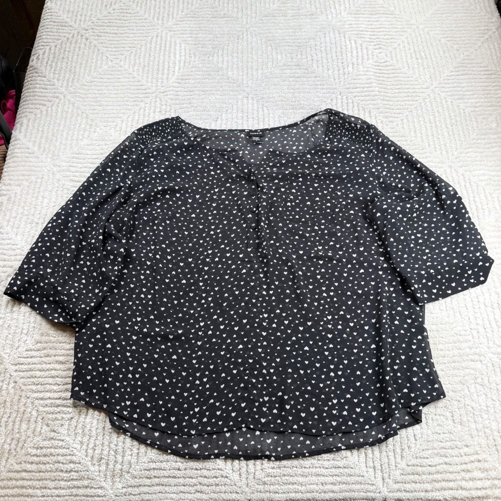 Torrid Heart Print Blouse Womens 3 Black Chiffon Love Romantic Sheer Whimsigoth